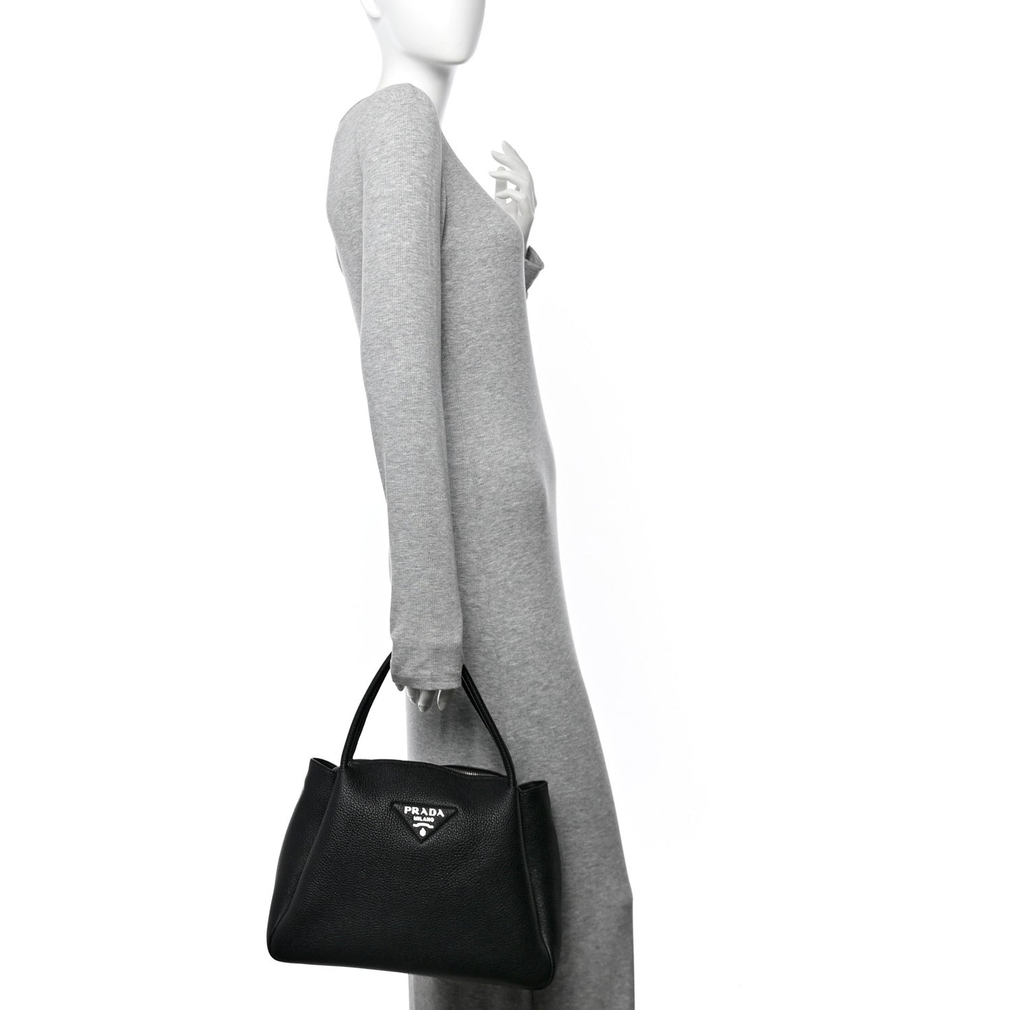 Vitello Daino Soft Medium Zippered Top Handle Bag Black