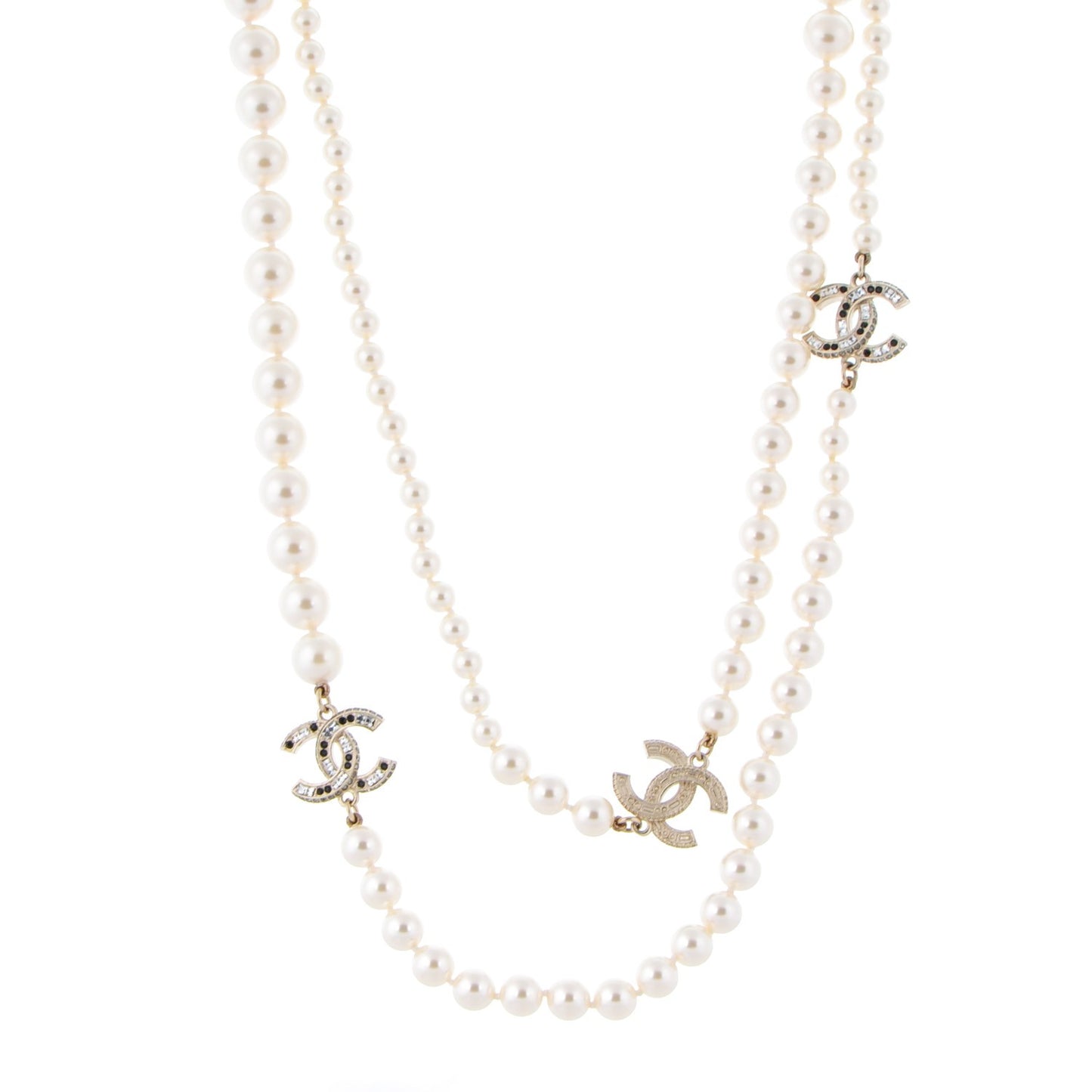 Graduated Pearl Crystal CC Long Necklace Gold Black