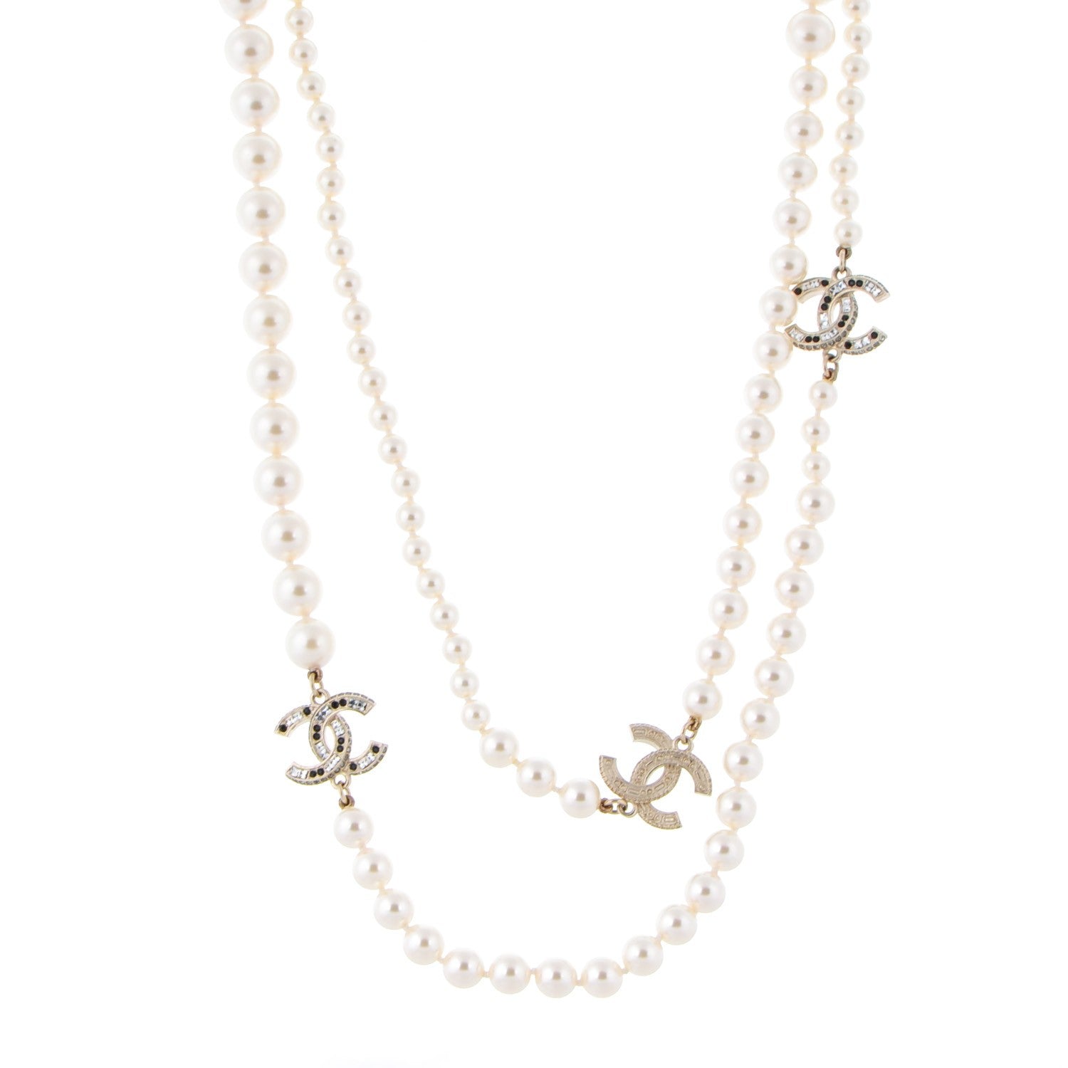 Chanel Graduated Pearl Crystal CC Long Necklace Gold Black 1 of 4