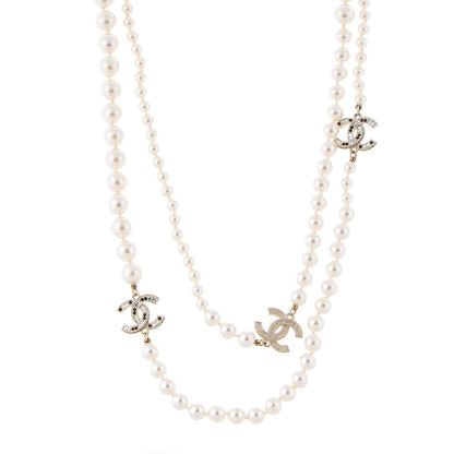 Chanel Graduated Pearl Crystal CC Long Necklace Gold Black 1 of 4