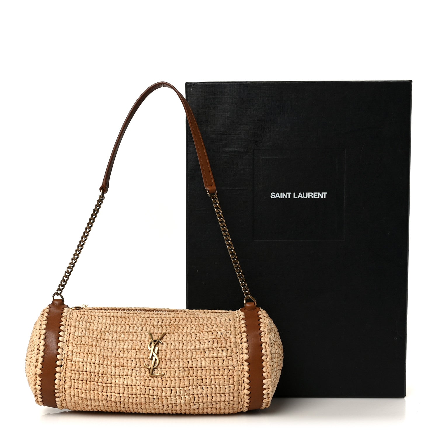 Saint Laurent Raffia Monogram Cassandre Small Cylindric Bag Natural Brick 11 of 11