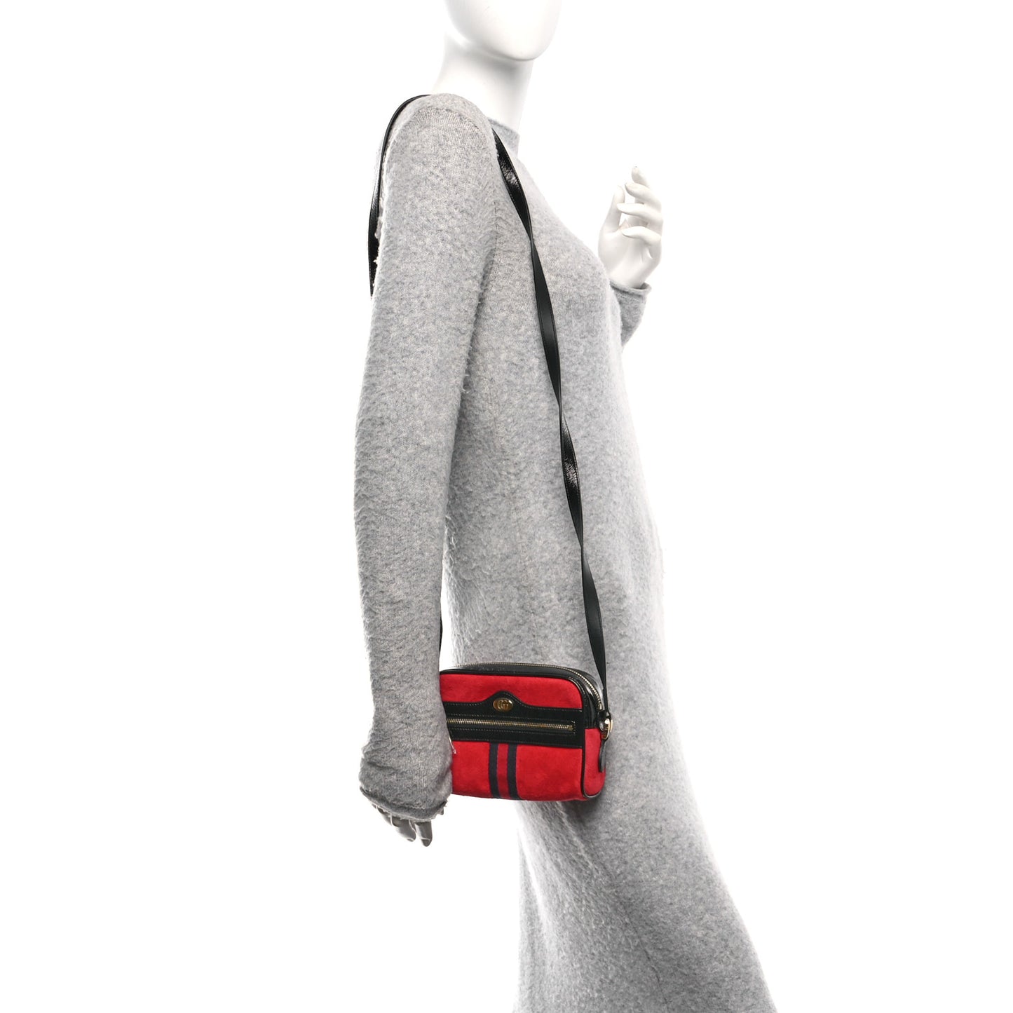 Suede Patent Web Mini Ophidia Shoulder Bag Hibiscus Red Black