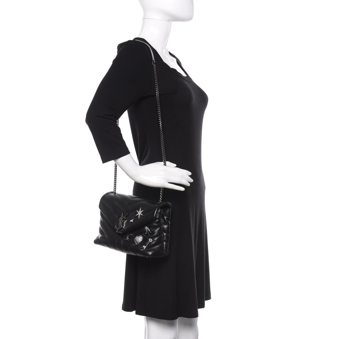 Calfskin Y Quilted Monogram Small Charm Loulou Chain Satchel Black