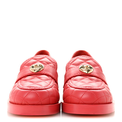 Chanel Lambskin Quilted CC Heart Loafers 38 Red 2 of 10