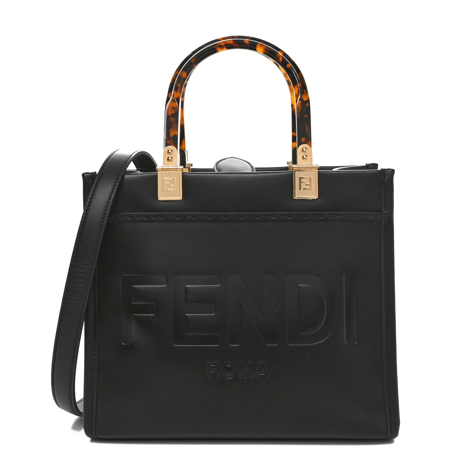 Fendi Vitello King Plexiglass Logo Embossed Small Fendi Sunshine Shopper Tote Black 1 of 10