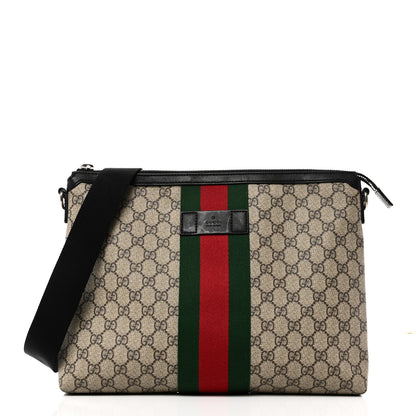 Gucci GG Supreme Monogram Calfskin Web Medium Flat Messenger Bag Beige Ebony Black 1 of 10