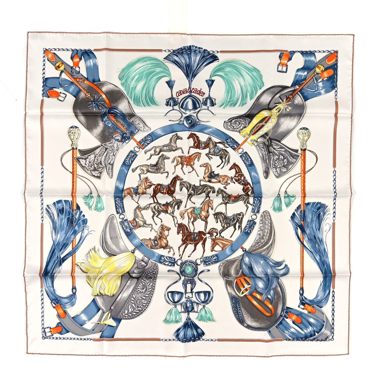 Silk Cavalcades Scarf 90 White Bleu Jean Vert
