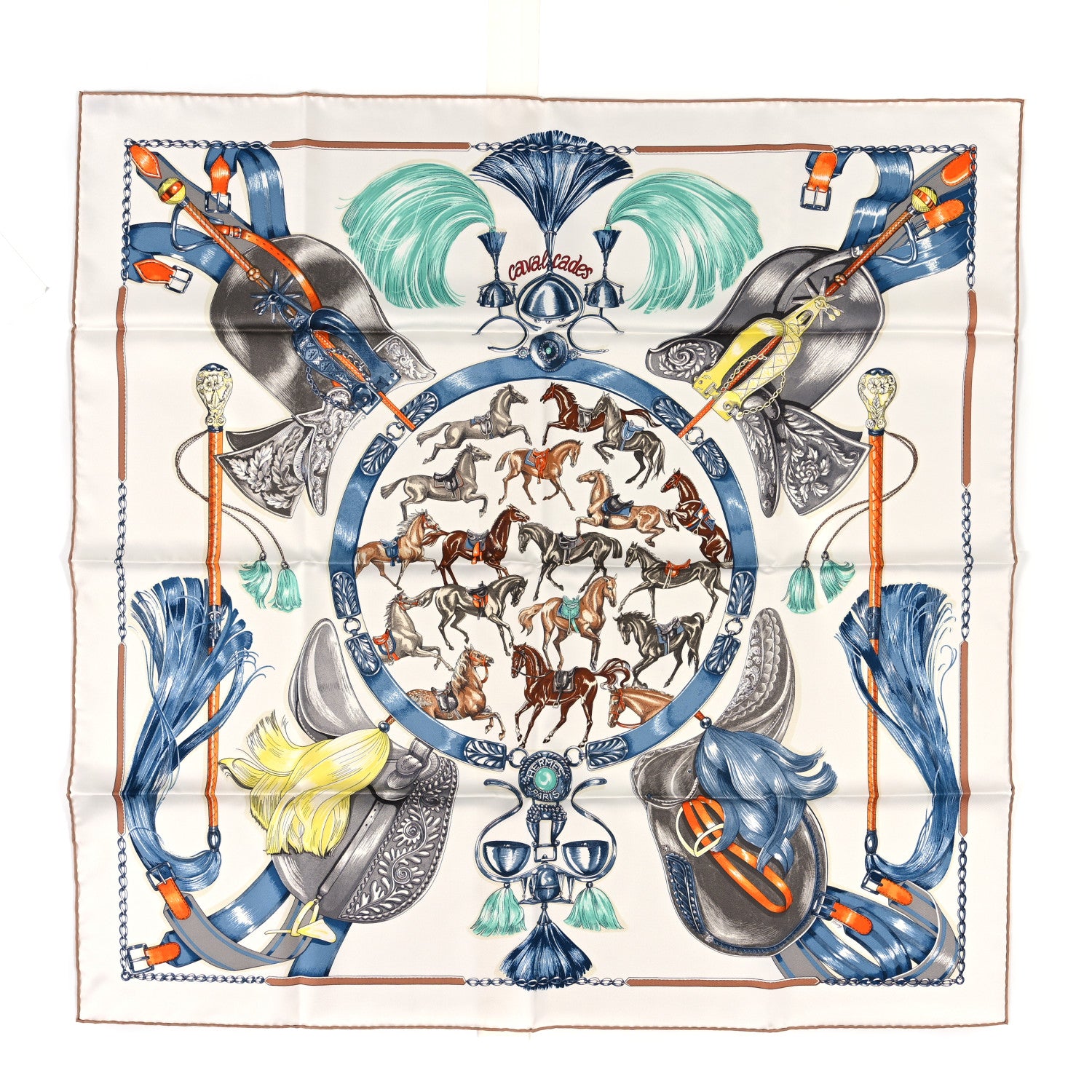 Hermes Silk Cavalcades Scarf 90 White Bleu Jean Vert 1 of 4