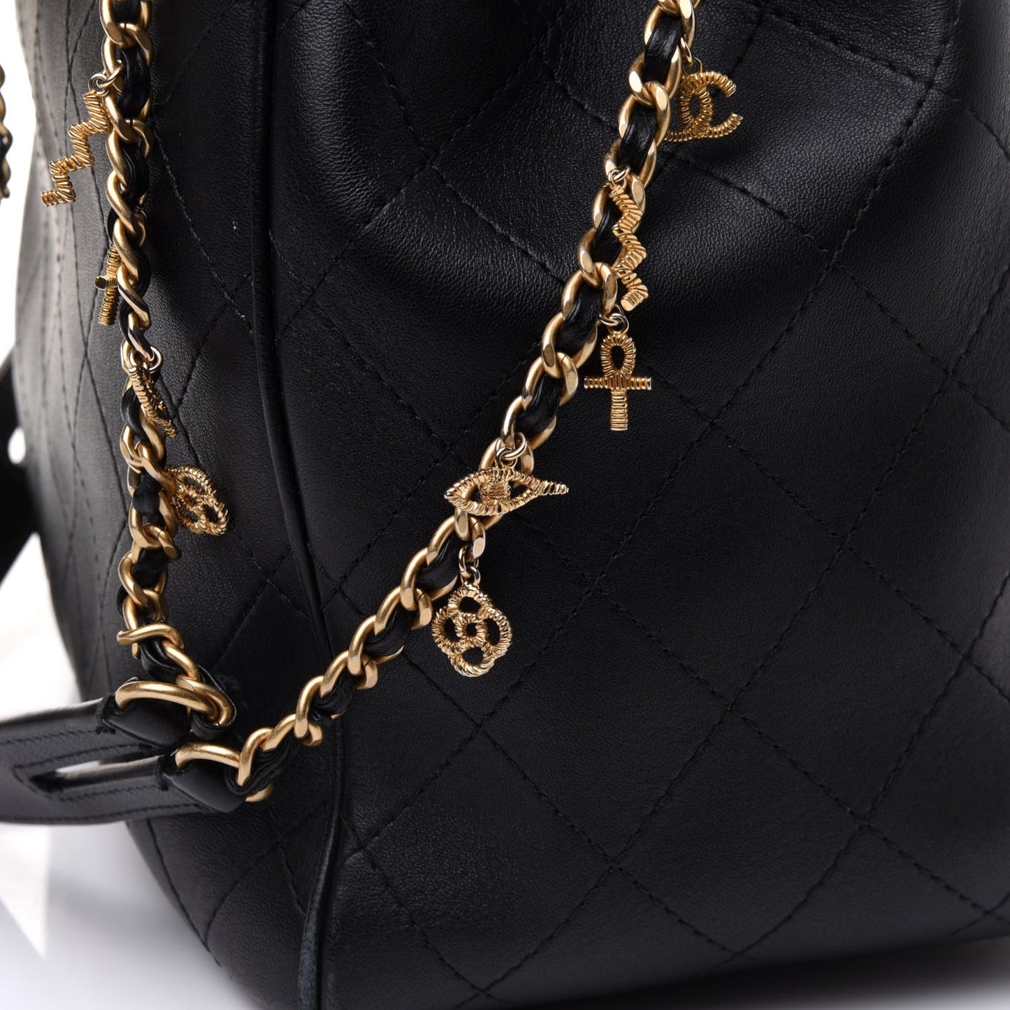 Calfskin Stitched Egyptian Amulet Drawstring Bag Black