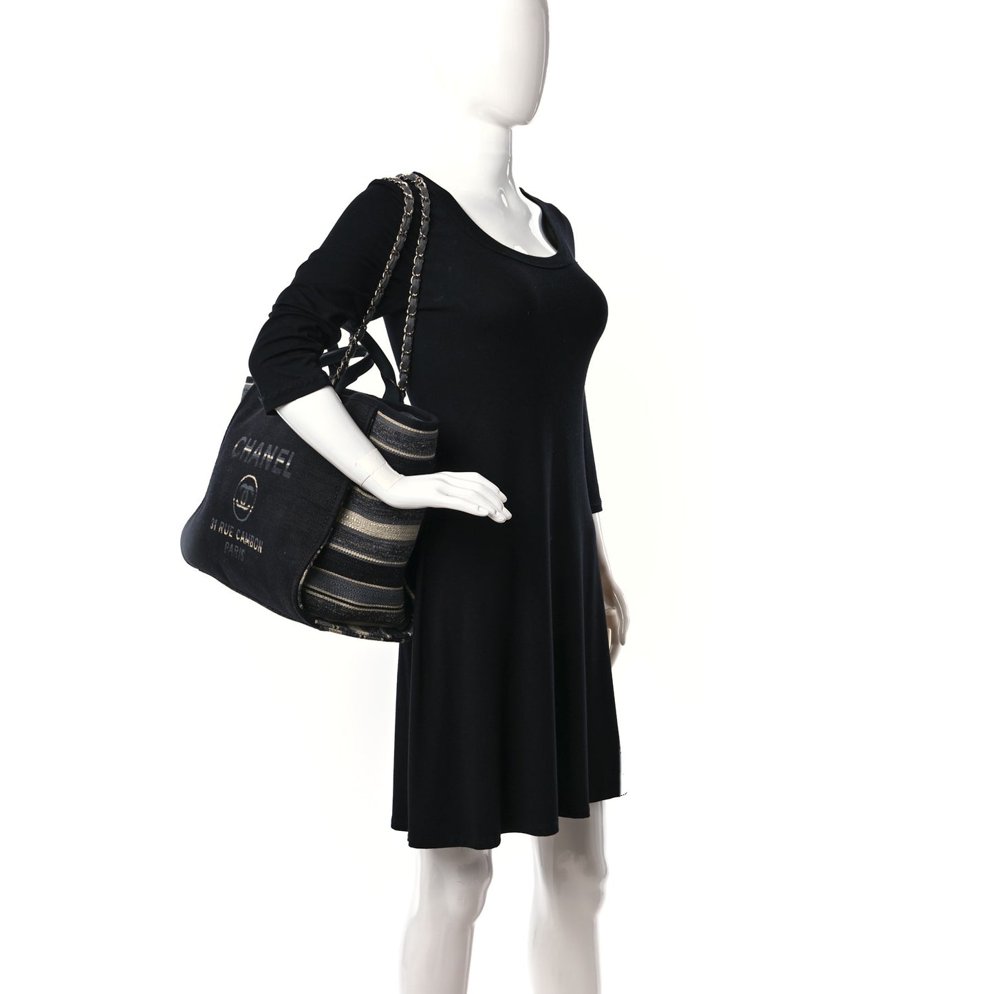 Striped Canvas Medium Deauville Tote Grey Black