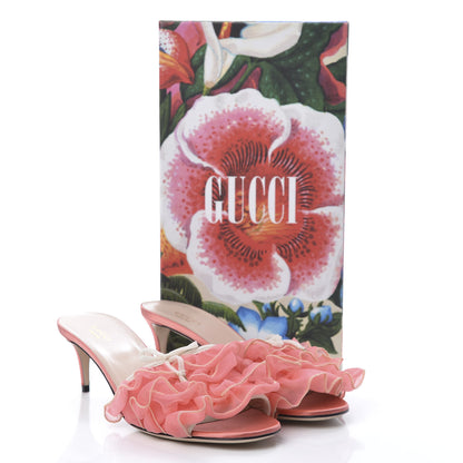 Gucci Tulle Ruffle Low Heel Slide Sandals 39.5 Peach White 9 of 9