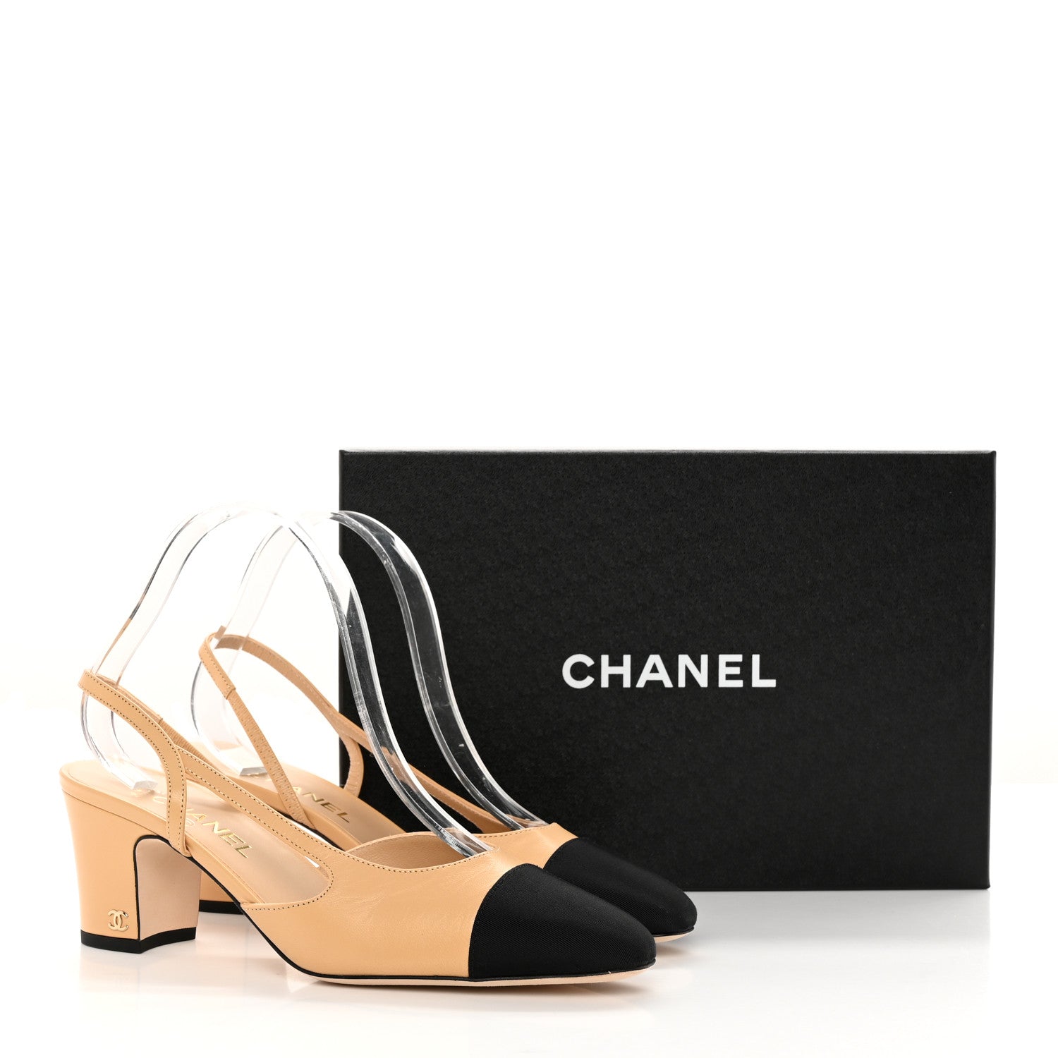 Chanel Goatskin Grosgrain Cap Toe CC Slingback Pumps 40 Beige Black 14 of 14