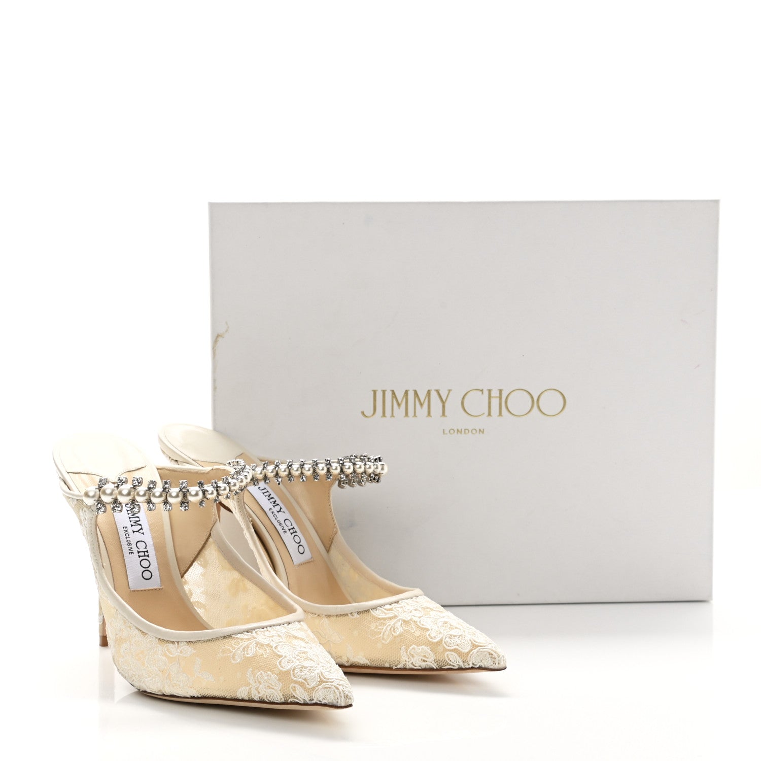Jimmy Choo Lace Mesh Crystal Strap Bing Mules 40 Ivory