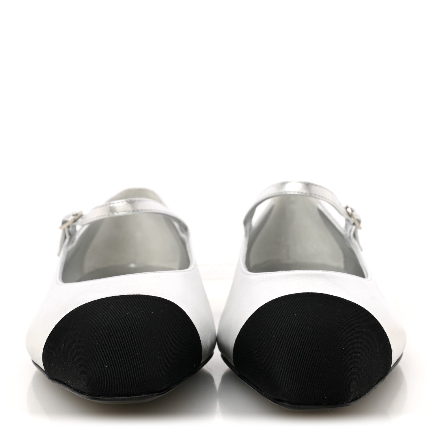 Chanel Laminated Calfskin Grosgrain Mary Janes Flats 40 Silver Black 3 of 9