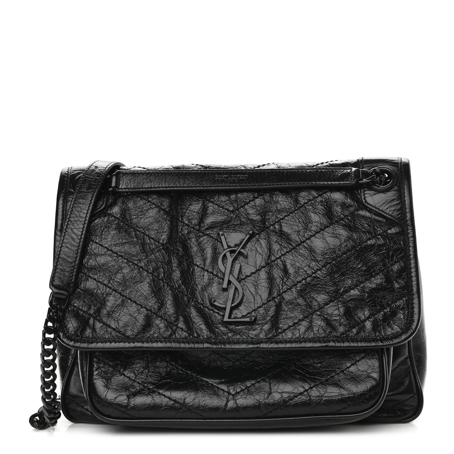 Crinkled Calfskin Matelasse Monogram Medium Niki Chain Satchel Black
