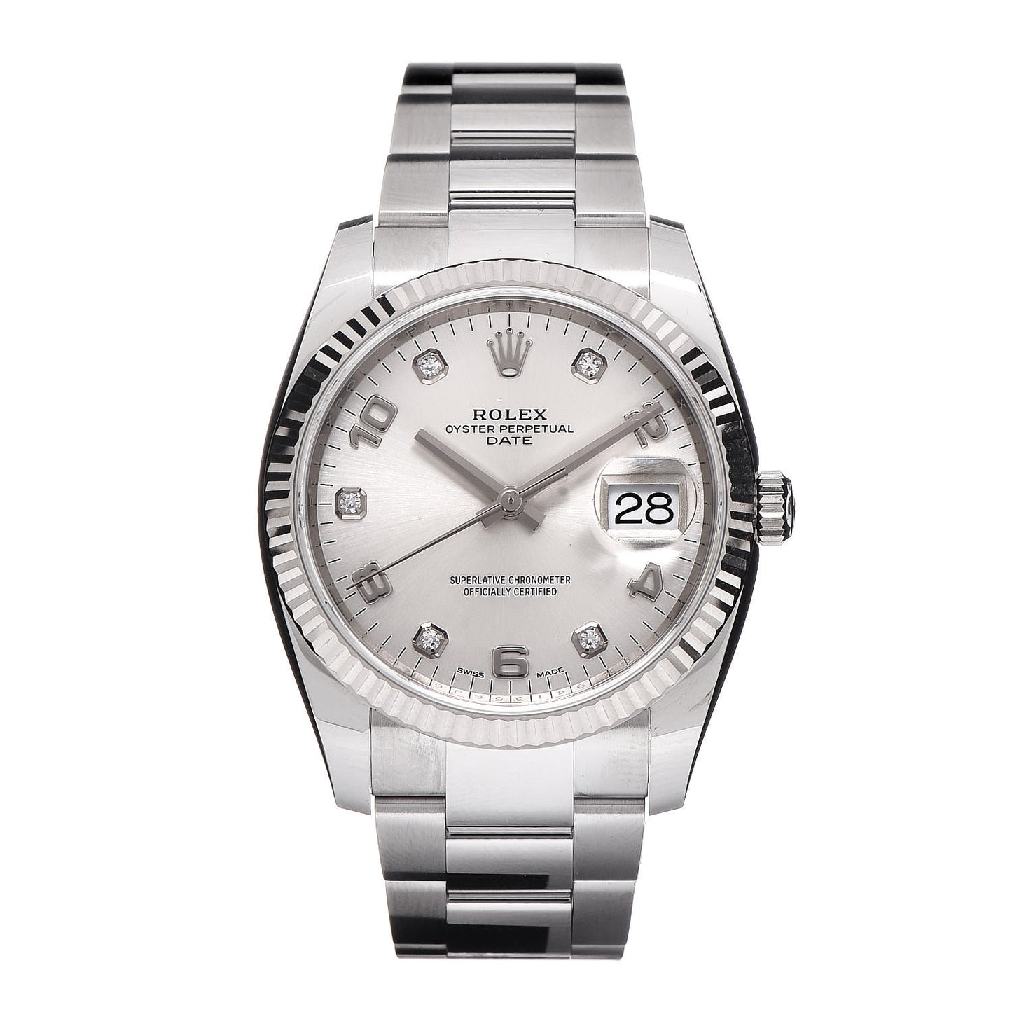 Stainless Steel 18K White Gold Diamond 34mm Oyster Perpetual Date Watch Silver 115234