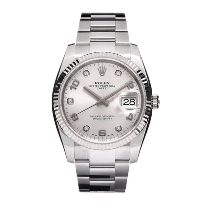 Rolex Stainless Steel 18K White Gold Diamond 34mm Oyster Perpetual Date Watch Silver 115234 1 of 8