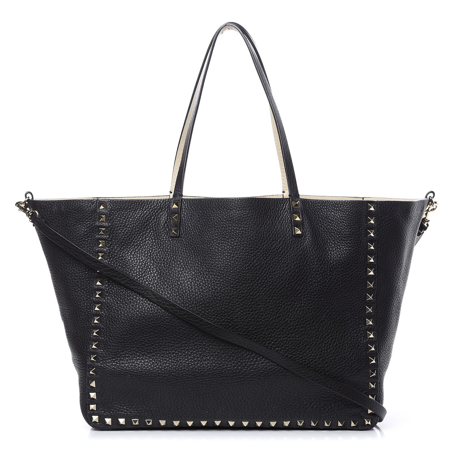 Grained Calfskin Medium Rockstud Reversible Tote Black Ivory