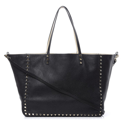 Valentino Garavani Grained Calfskin Medium Rockstud Reversible Tote Black Ivory 1 of 14