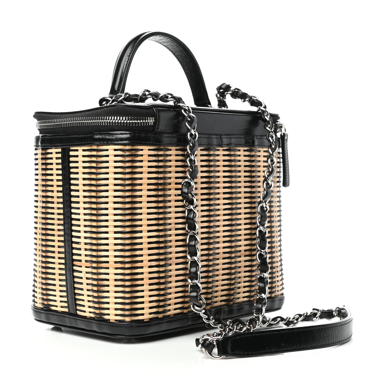 Glazed Calfskin Raffia Vanity Case Bag Black Beige