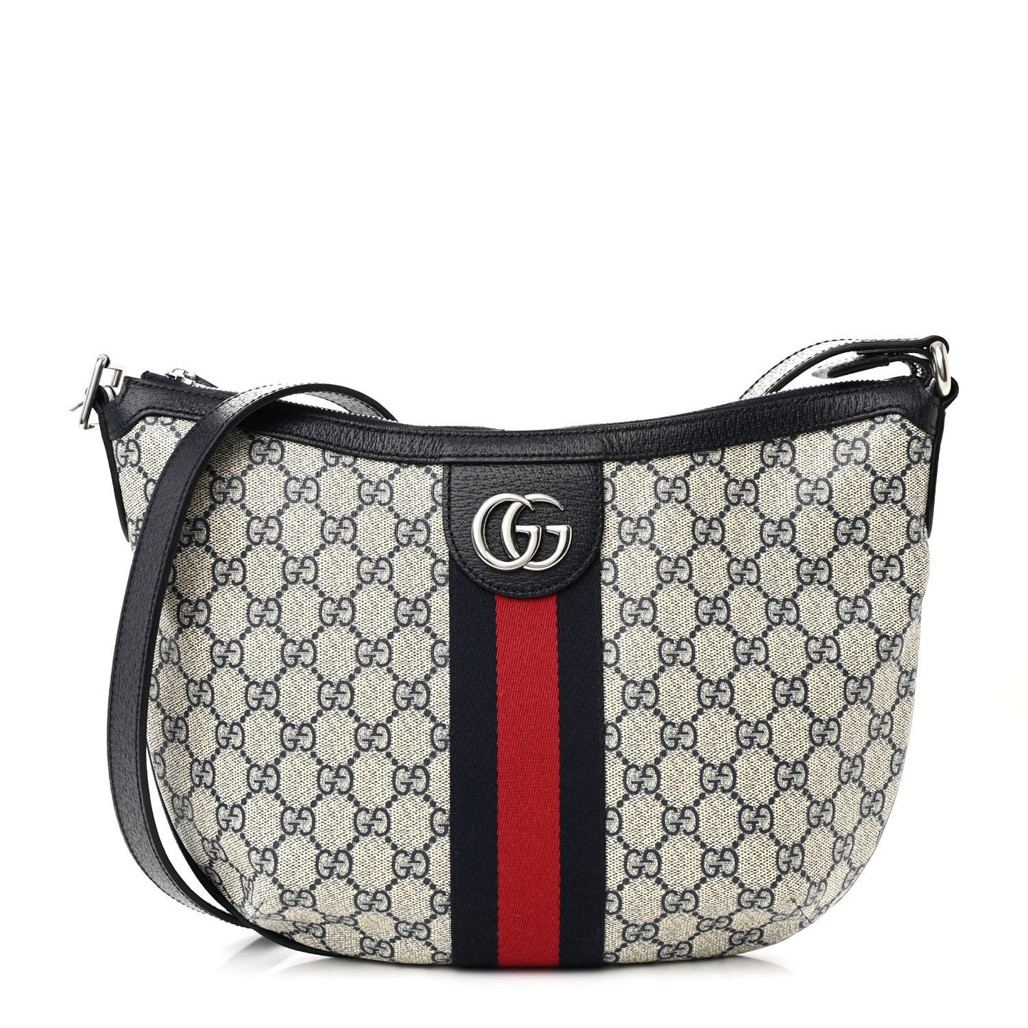 GG Supreme Monogram Textured Dollar Calfskin Web Small Ophidia Half Moon Hobo Beige Blue