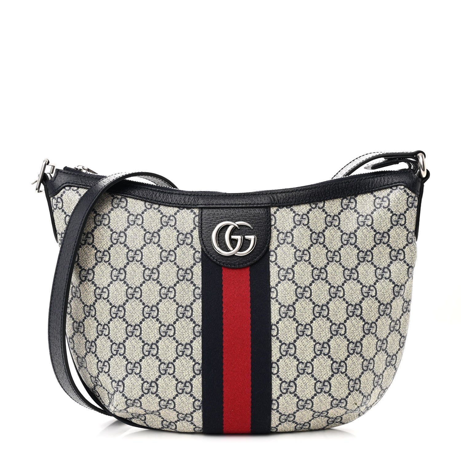 Gucci GG Supreme Monogram Textured Dollar Calfskin Web Small Ophidia Half Moon Hobo Beige Blue 1 of 10