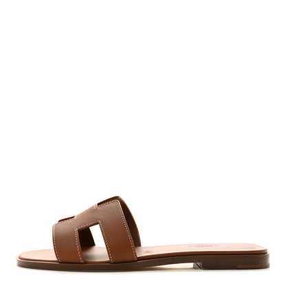 Hermes Box Calfskin Oran Sandals 37.5 Gold 1 of 10