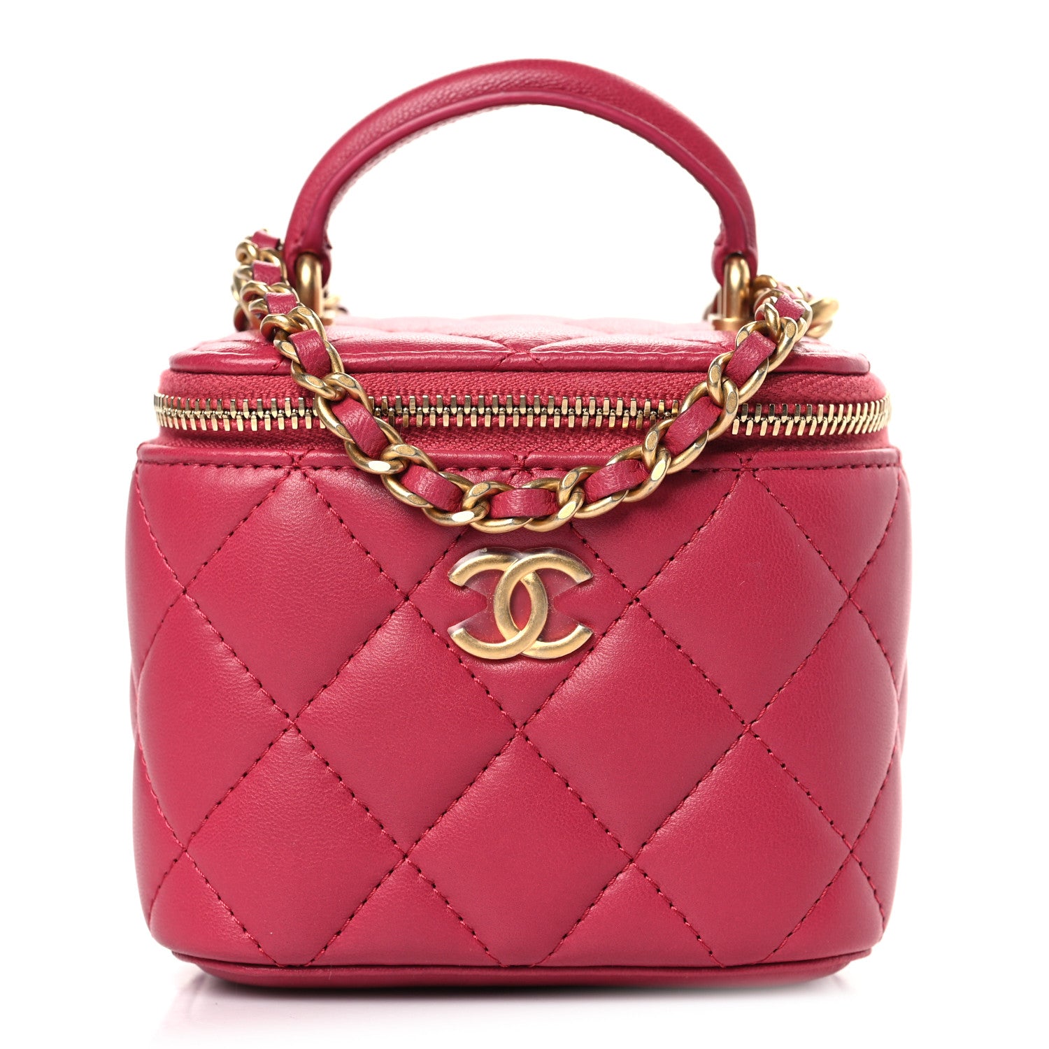 image of CHANEL Lambskin Quilted Mini Top Handle Vanity Case With Chain in the color Dark Pink by FASHIONPHILE