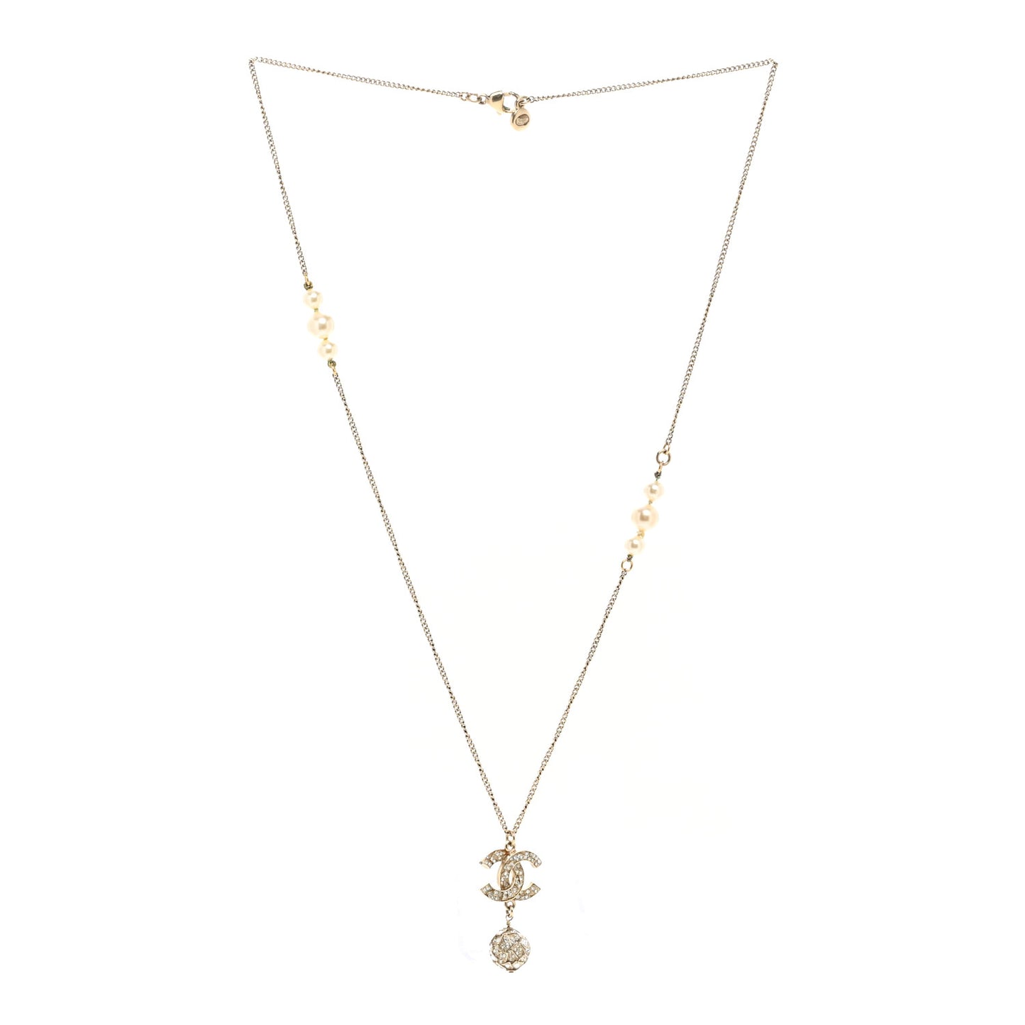 Pearl Crystal CC Pendant Necklace Gold