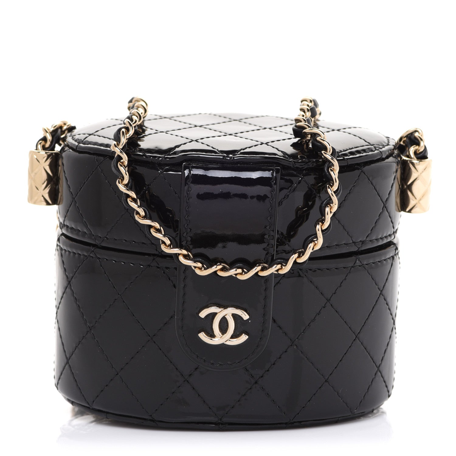 Chanel Patent Quilted Round Mini Vanity Case With Chain Black 1 of 7