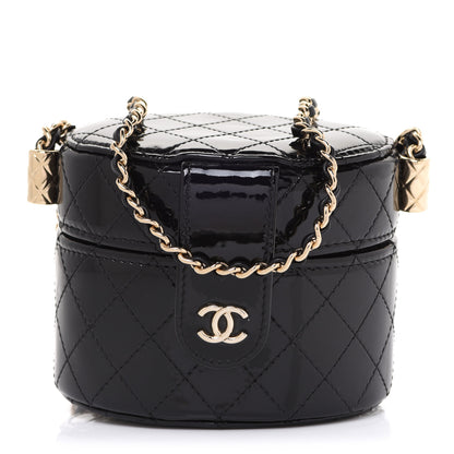Chanel Patent Quilted Round Mini Vanity Case With Chain Black 1 of 7