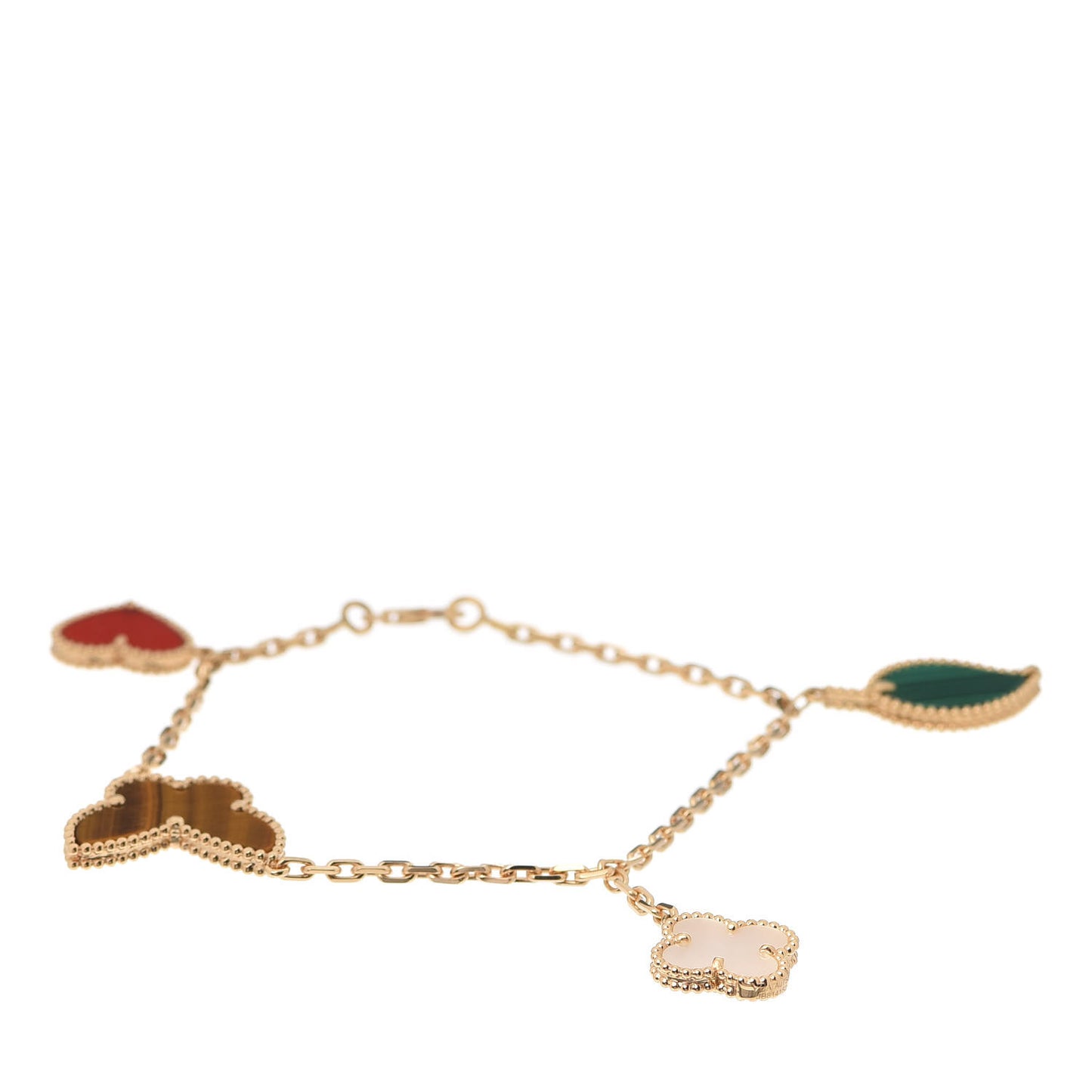 18K Yellow Gold Mother of Pearl Malachite Carnelian Tiger Eye 4 Motifs Lucky Alhambra Bracelet