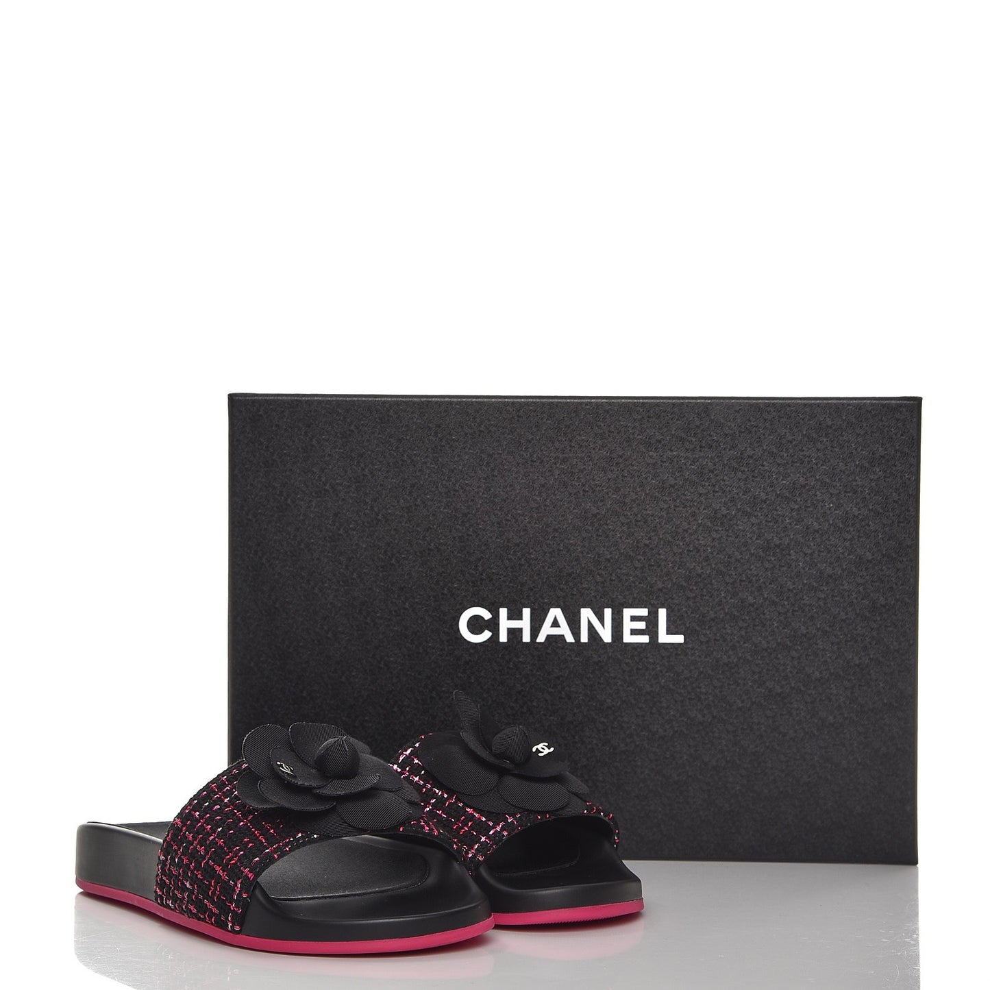 Tweed Grosgrain Camellia Flat Sandals 35 Black Pink