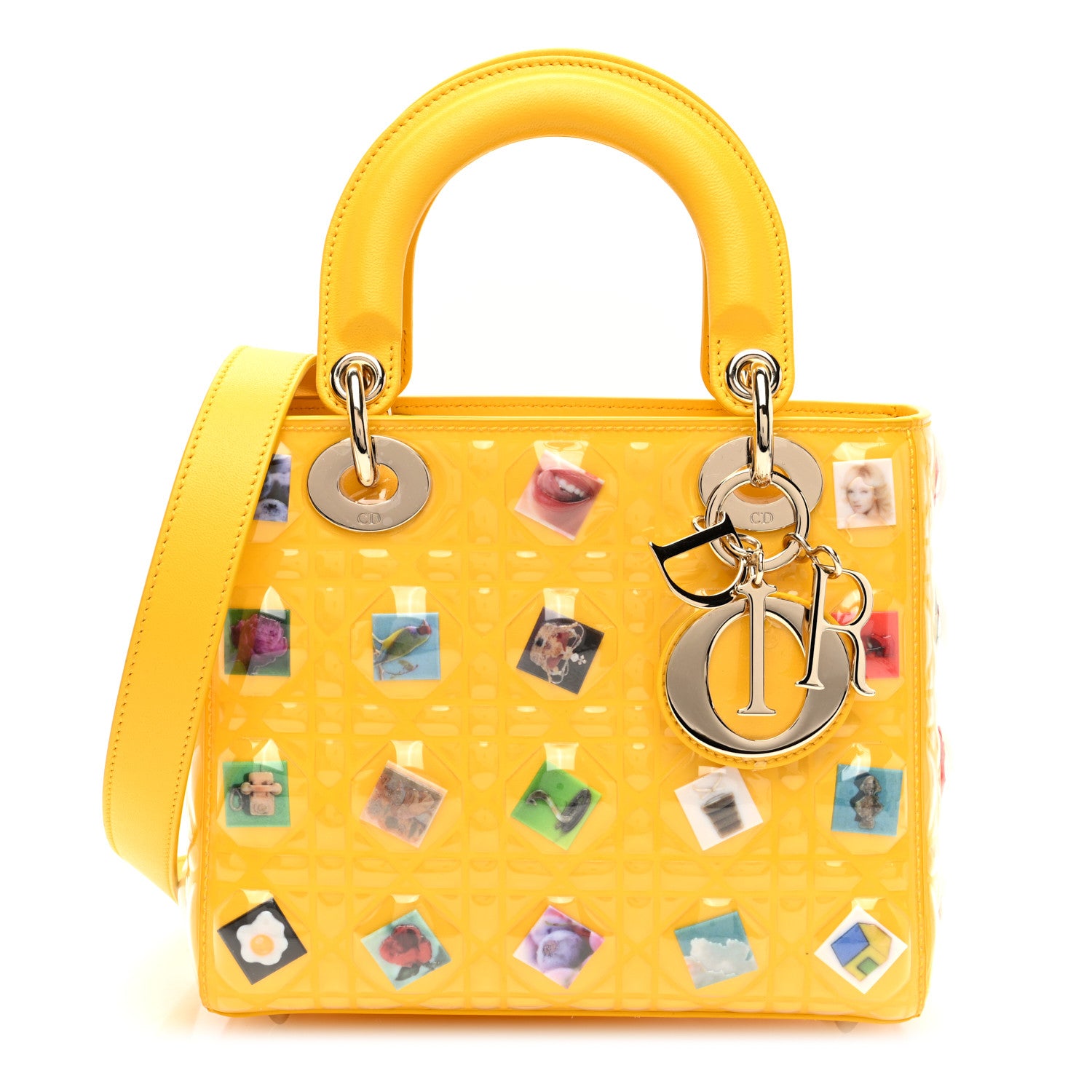 Christian Dior Patent Lambskin Cannage PVC Sara Cwynar Small Lady Dior Art Yellow 1 of 9