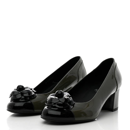 Chanel Patent Calfskin Camellia CC Cap Toe Pumps 36.5 Green Black 6 of 16