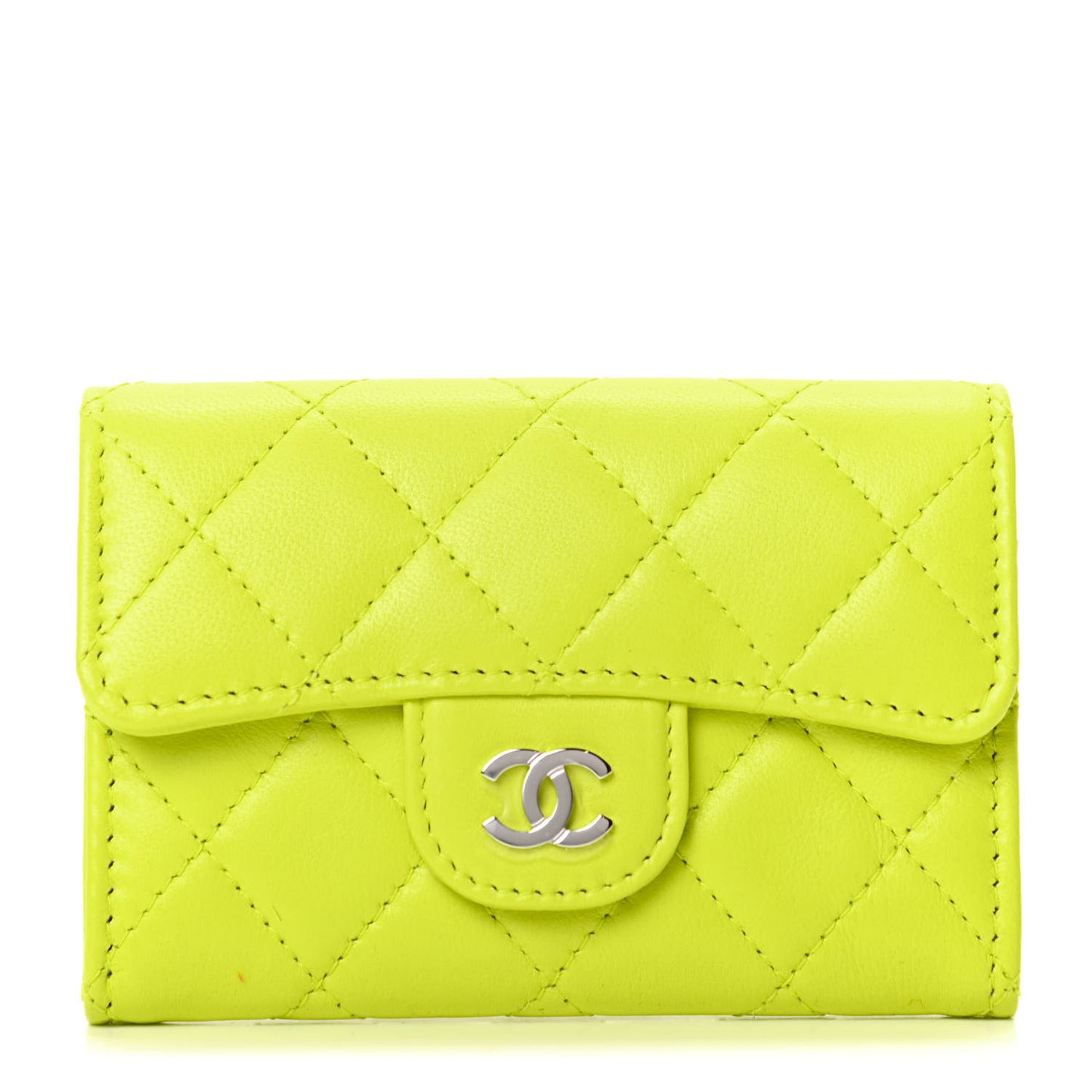 Lambskin Quilted Flap Card Holder Wallet Yellow