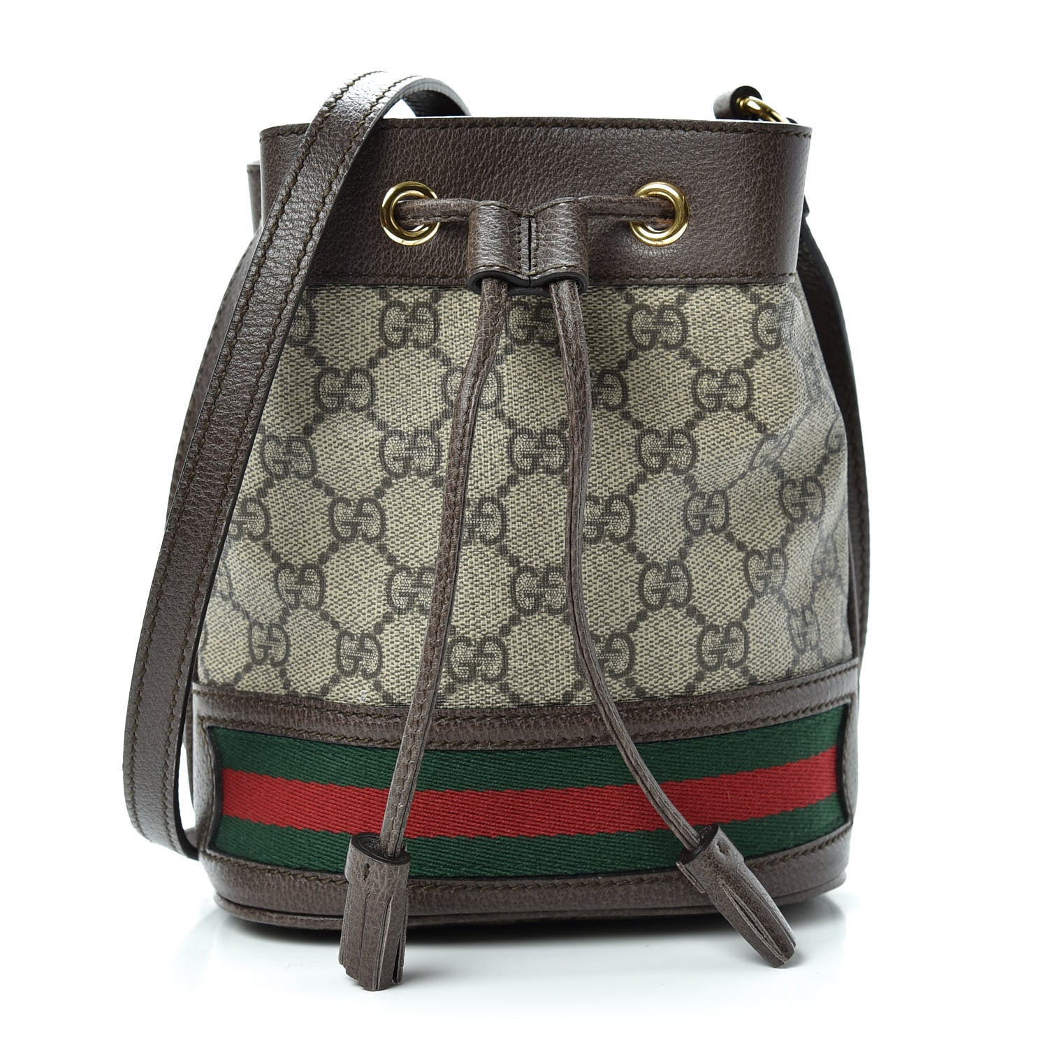 Gucci GG Supreme Monogram Web Mini Ophidia Bucket Bag Brown 1 of 9
