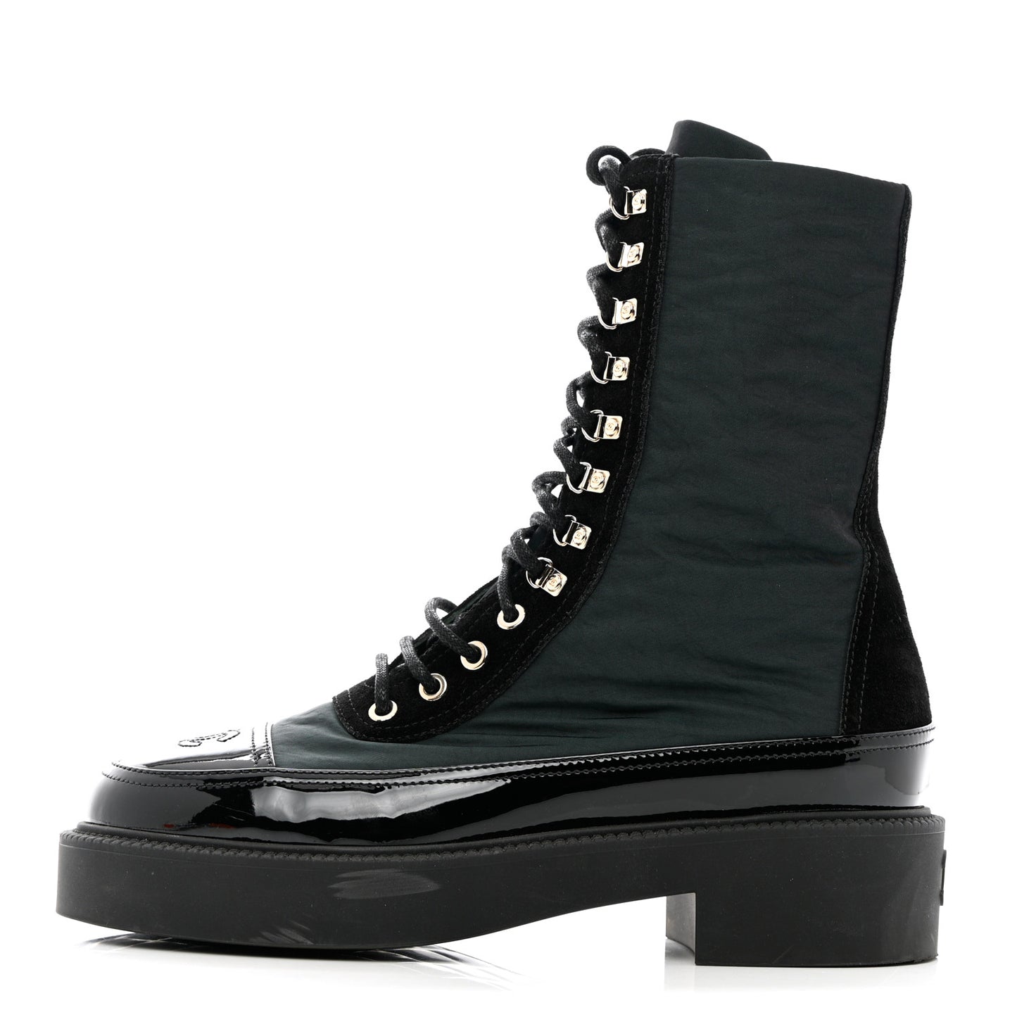Calfskin Knit Lace Up Combat Boots 38 Black Green