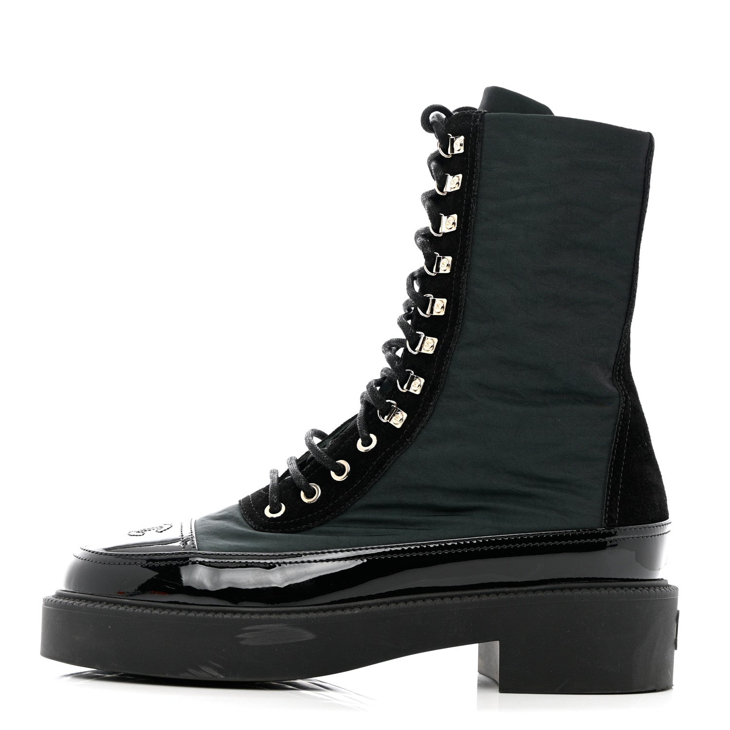 Chanel Calfskin Knit Lace Up Combat Boots 38 Black Green 1 of 15