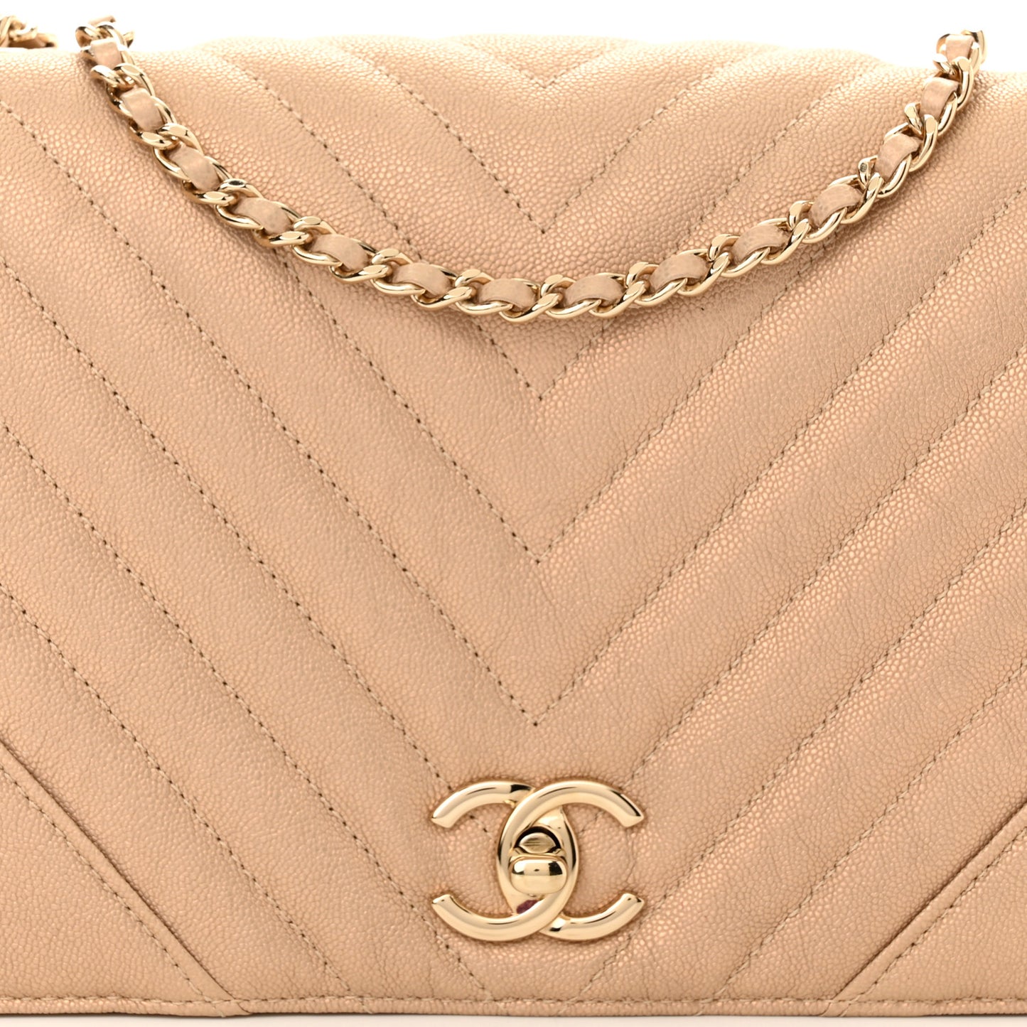 Metallic Caviar Chevron Quilted Medium Statement Flap Beige