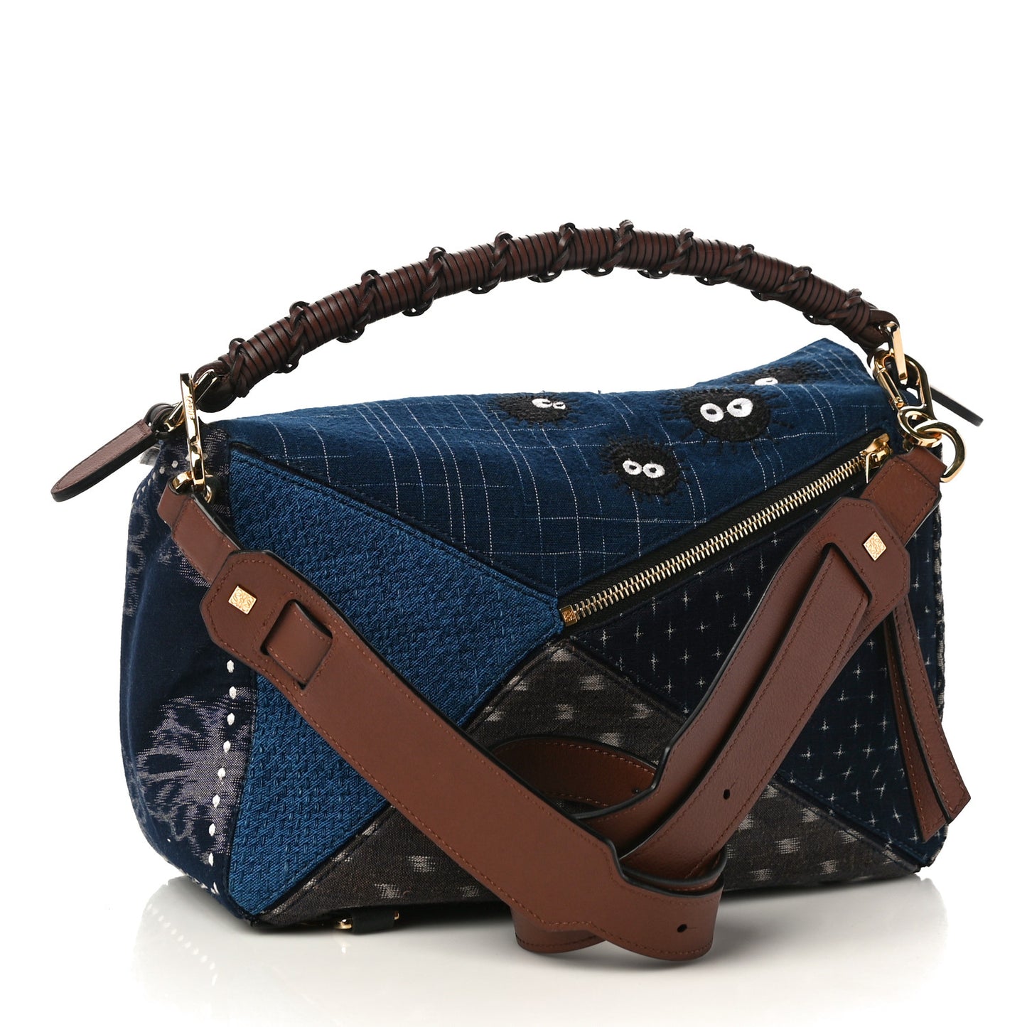 X SPIRITED AWAY Embroidered Denim Calfskin Puzzle Bag Blue Multicolor