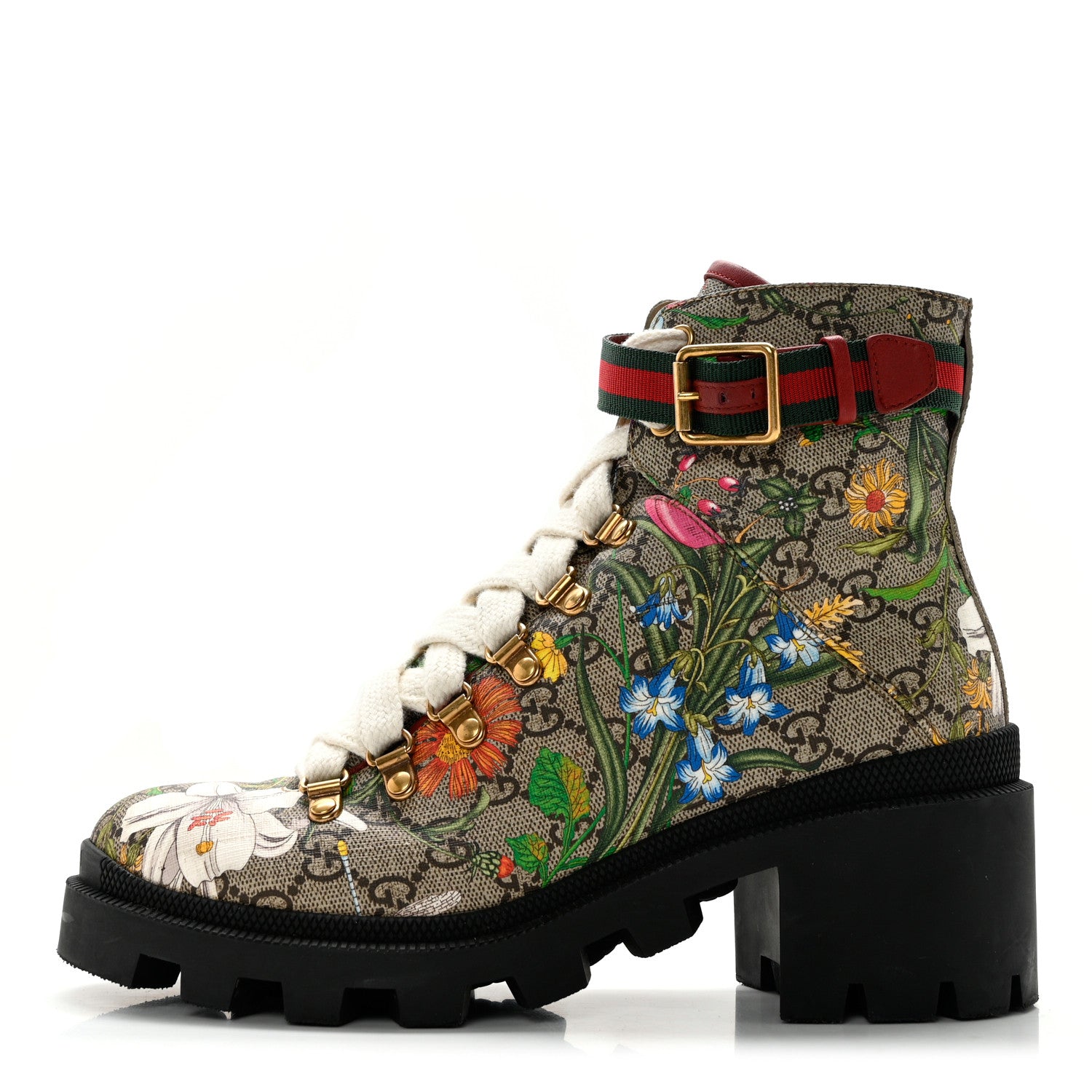Gucci GG Supreme Monogram Flora Lace Up Combat Ankle Boots 38 Beige Multicolor Red 1 of 15