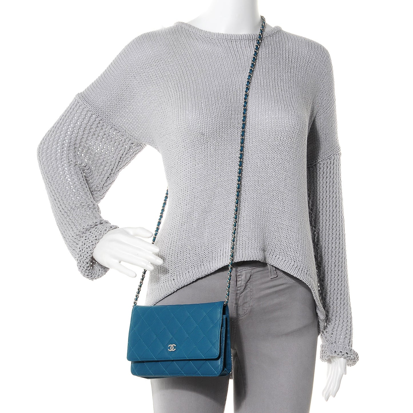 Lambskin Quilted CC Wallet On Chain Turquoise