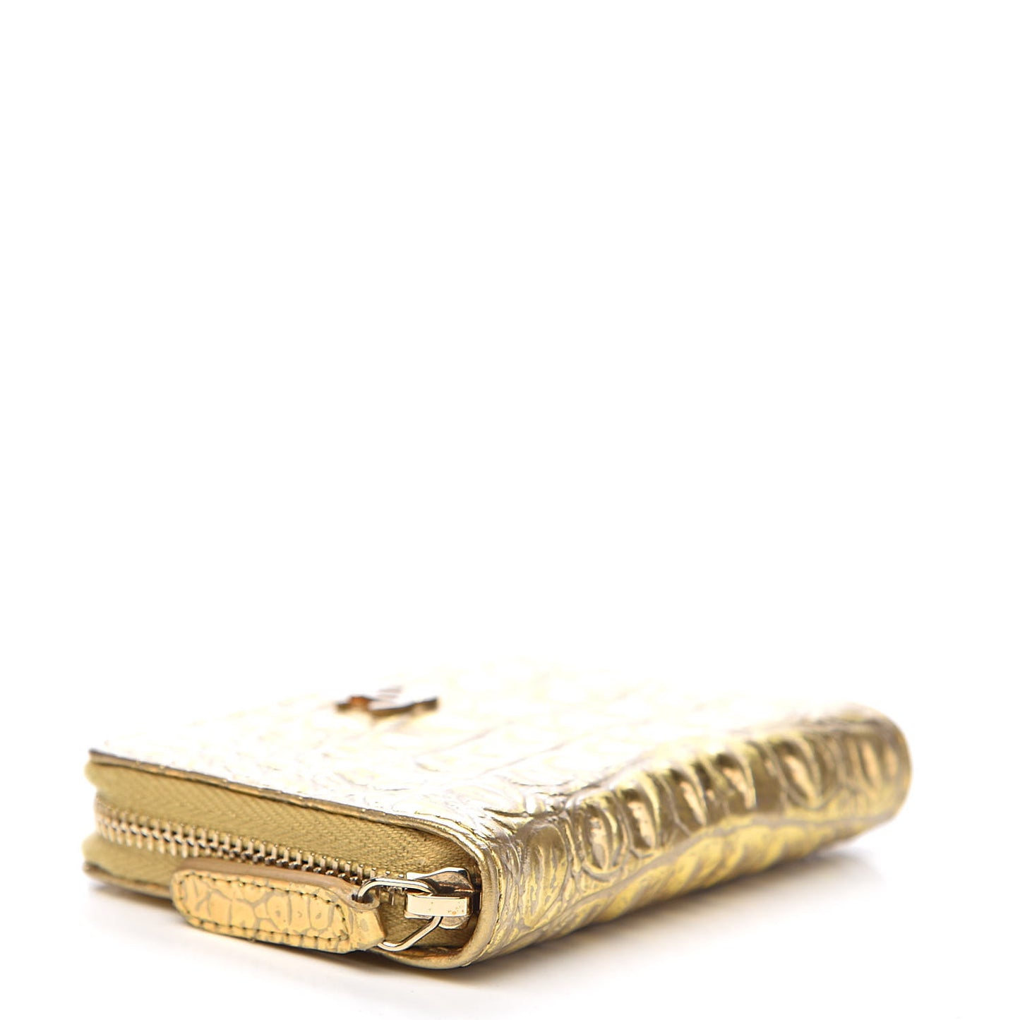 Metallic Calfskin Crocodile Embossed Cocodile Zip Coin Case Gold