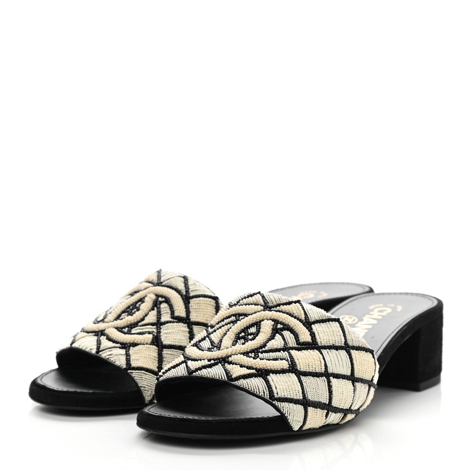 Chanel Kid Suede Pearl Embroidery CC Mules 37 Black White 3 of 9