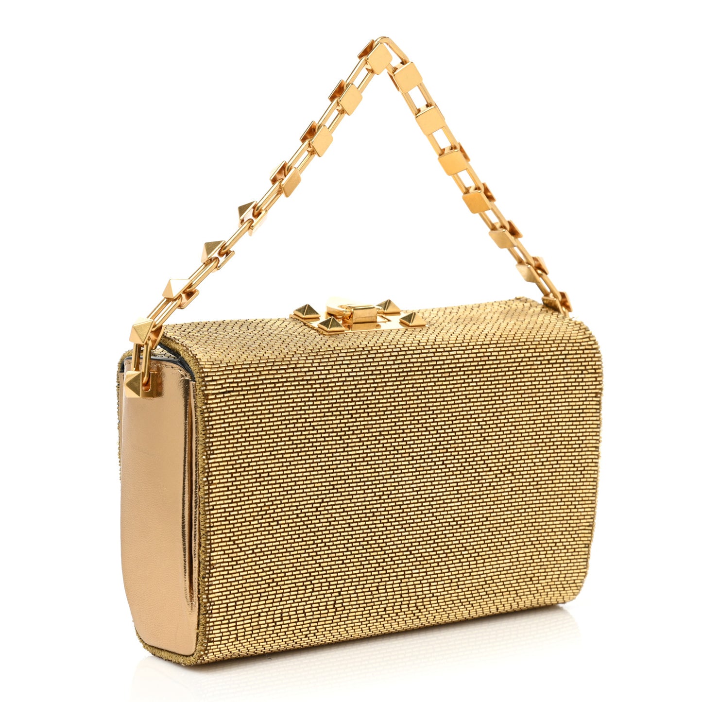 Metallic Calfskin Beaded Rockstud Evening Clutch Antique Bronze