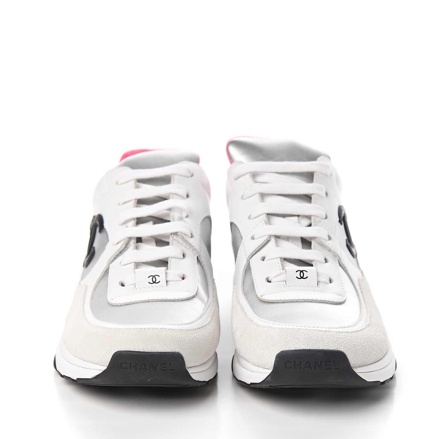 Chanel Calfskin Fabric Sneakers 39.5 White Silver Fluo Pink 2 of 8