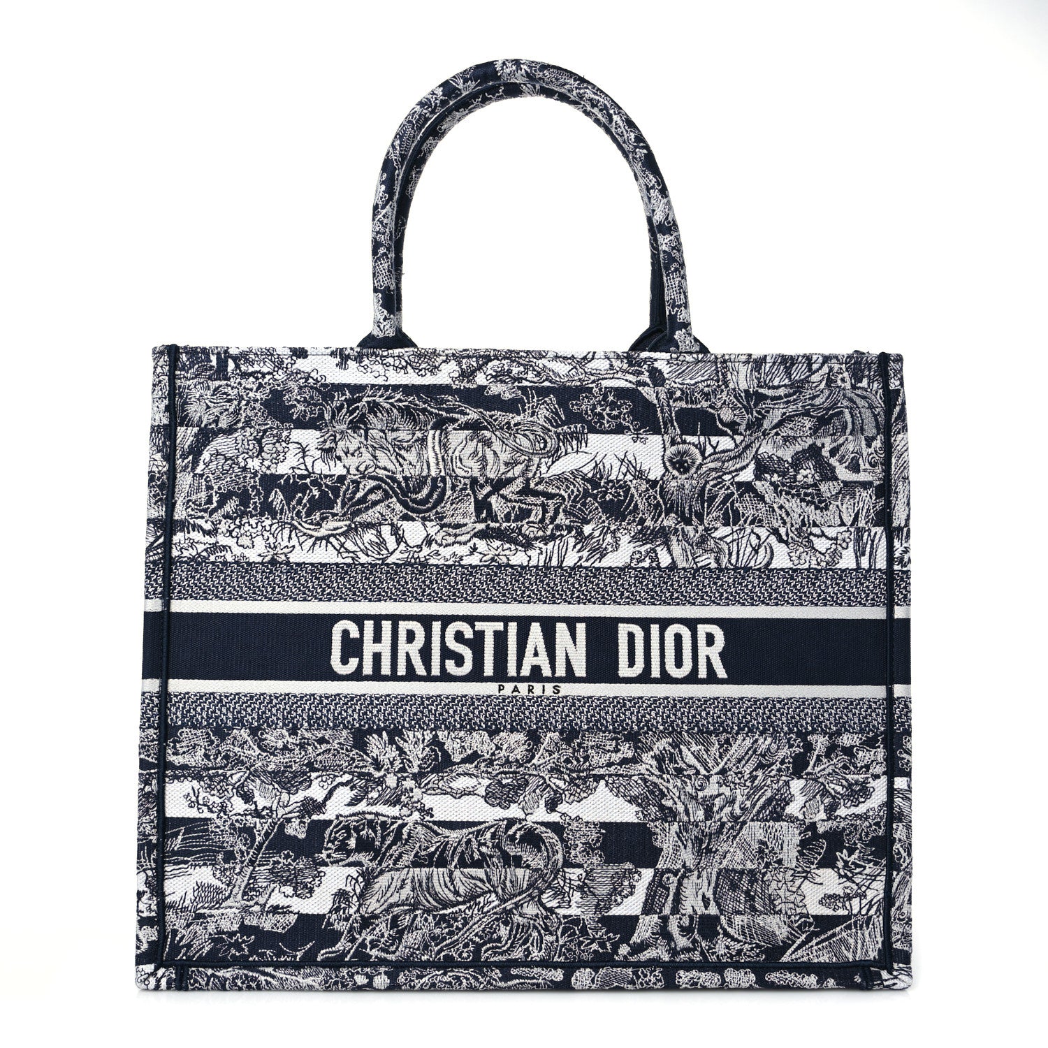 Christian Dior Canvas Embroidered Large Dioriviera Reverse Striped Toile De Jouy Book Tote Blue White 1 of 7