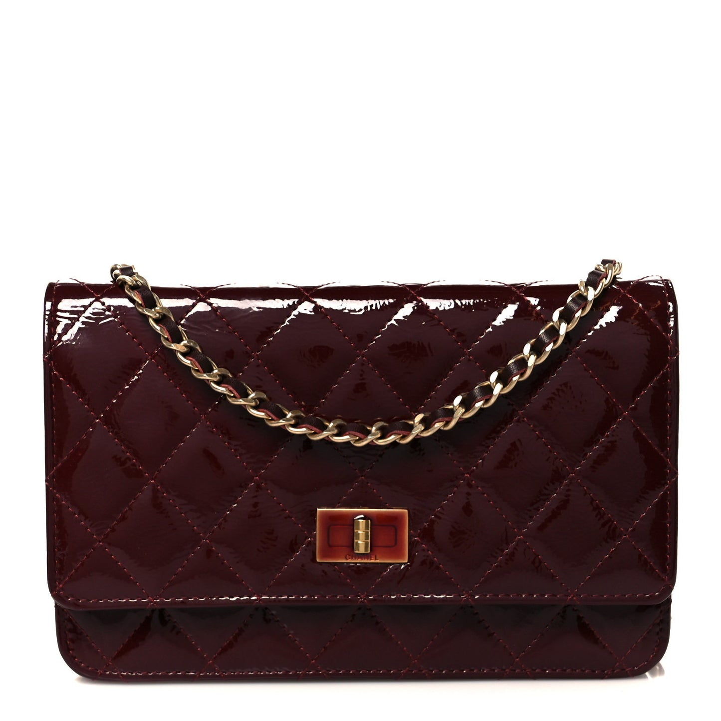Patent Calfskin Quilted Reissue Wallet On Chain WOC Dark Red