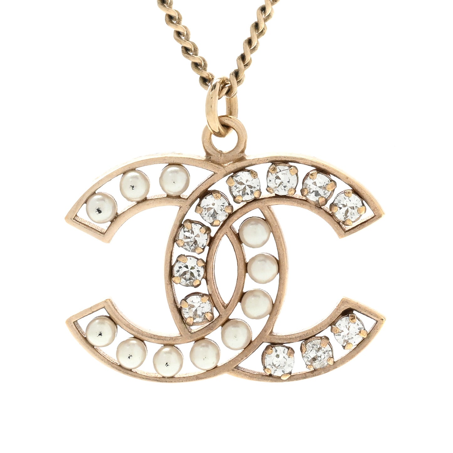 Crystal Pearl CC Pendant Necklace Gold